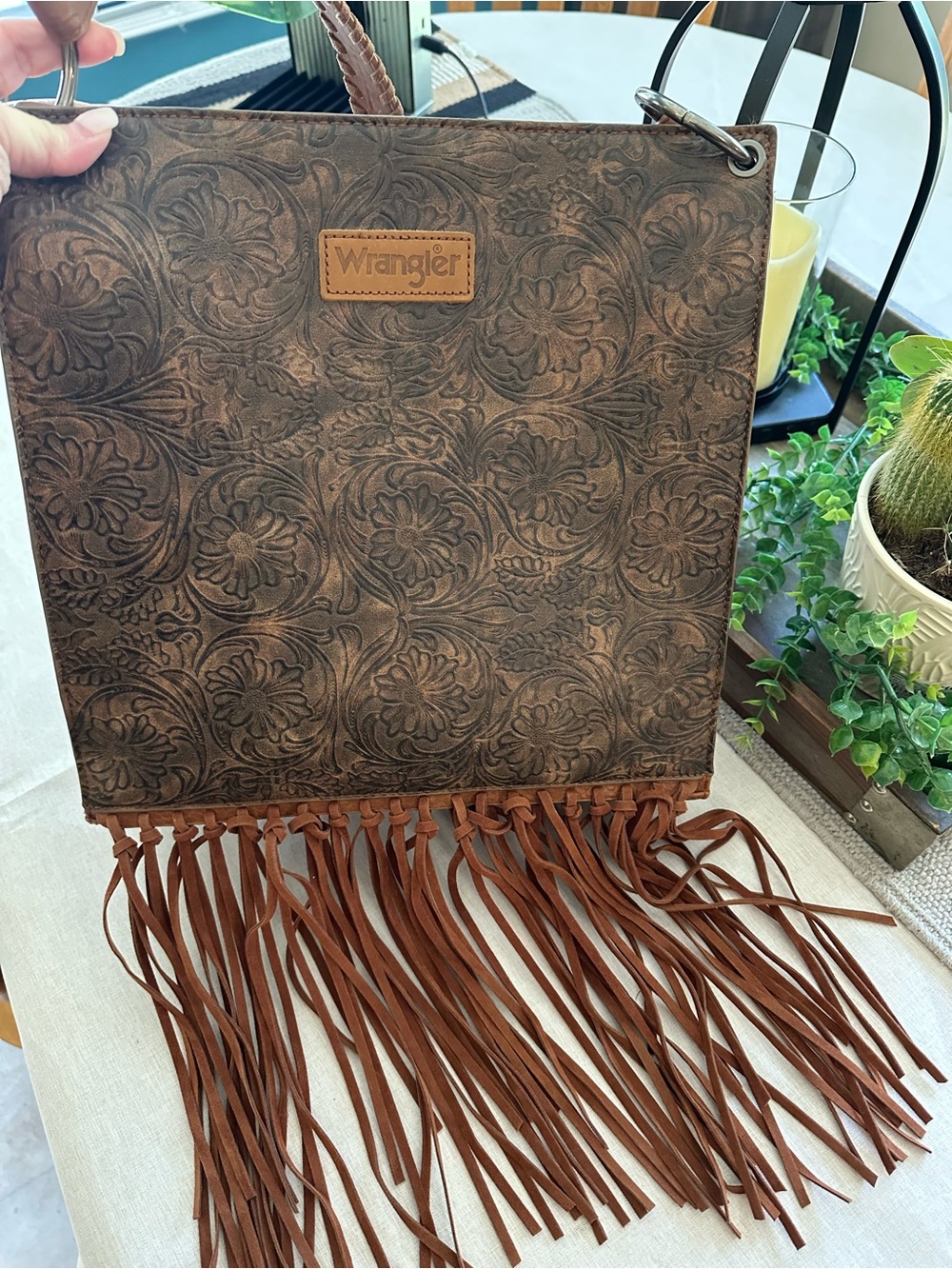 Wrangler Brown Tooled Floral Fringe Tote